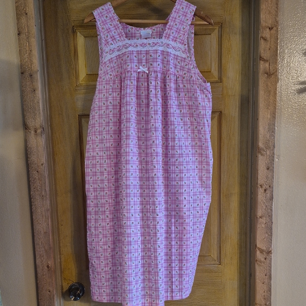 Simply Basic Cotton Blend Cottagecore Mumu Sleep Dress Plaid Cherries Lace Large